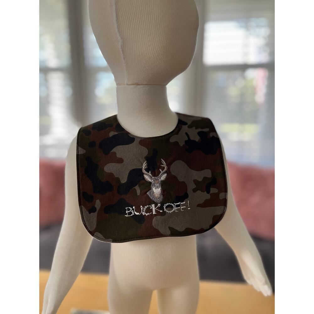 NEW Baby/Toddler Bib Made From Recycled Jersey Knit Embroidered "Buck Off"